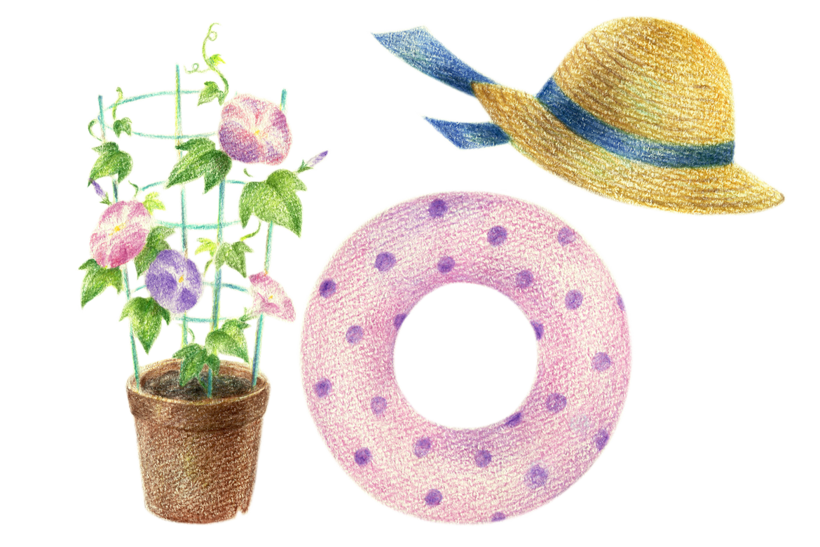 イラスト：朝顔と浮き輪と麦わら帽子